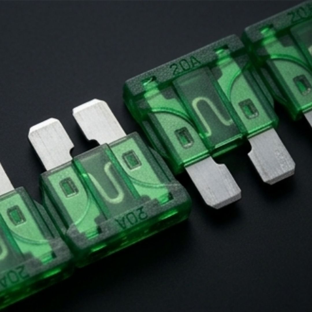 Row of green automotive fuses on a black background