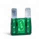 Green plastic fuse with metal blades on a white background