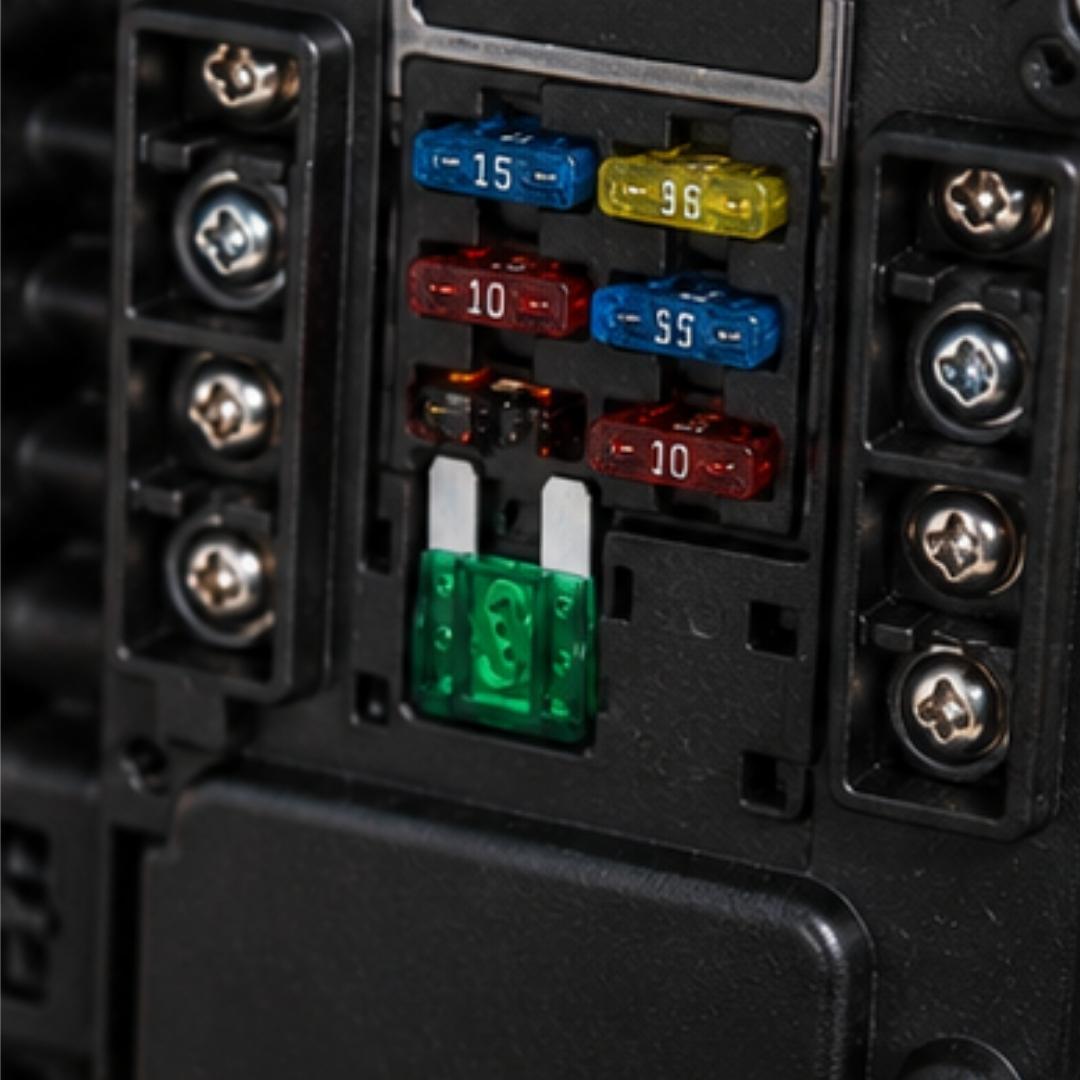 Car fuse box with various colored fuses