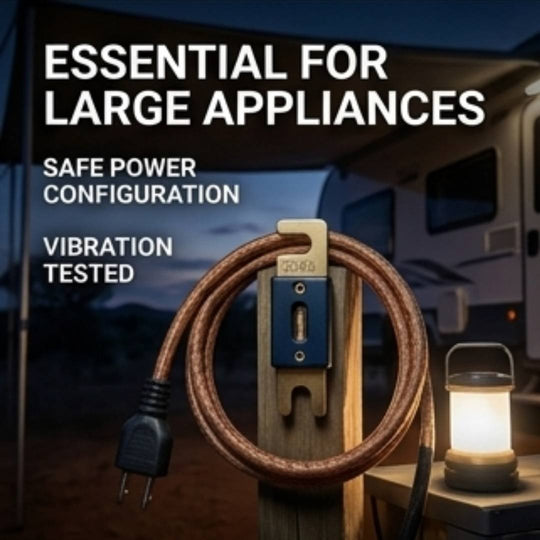 Power cord with plug in front of an RV, text indicating essential for large appliances.