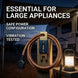 Power cord with plug in front of an RV, text indicating essential for large appliances.