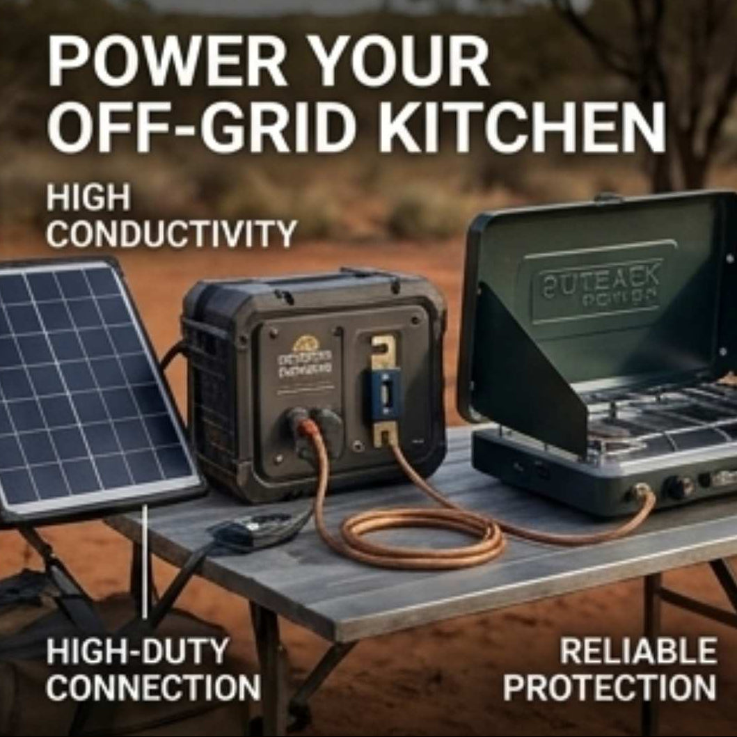 Outdoor kitchen setup with solar panel, power station, and portable stove on a table.