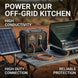 Outdoor kitchen setup with solar panel, power station, and portable stove on a table.