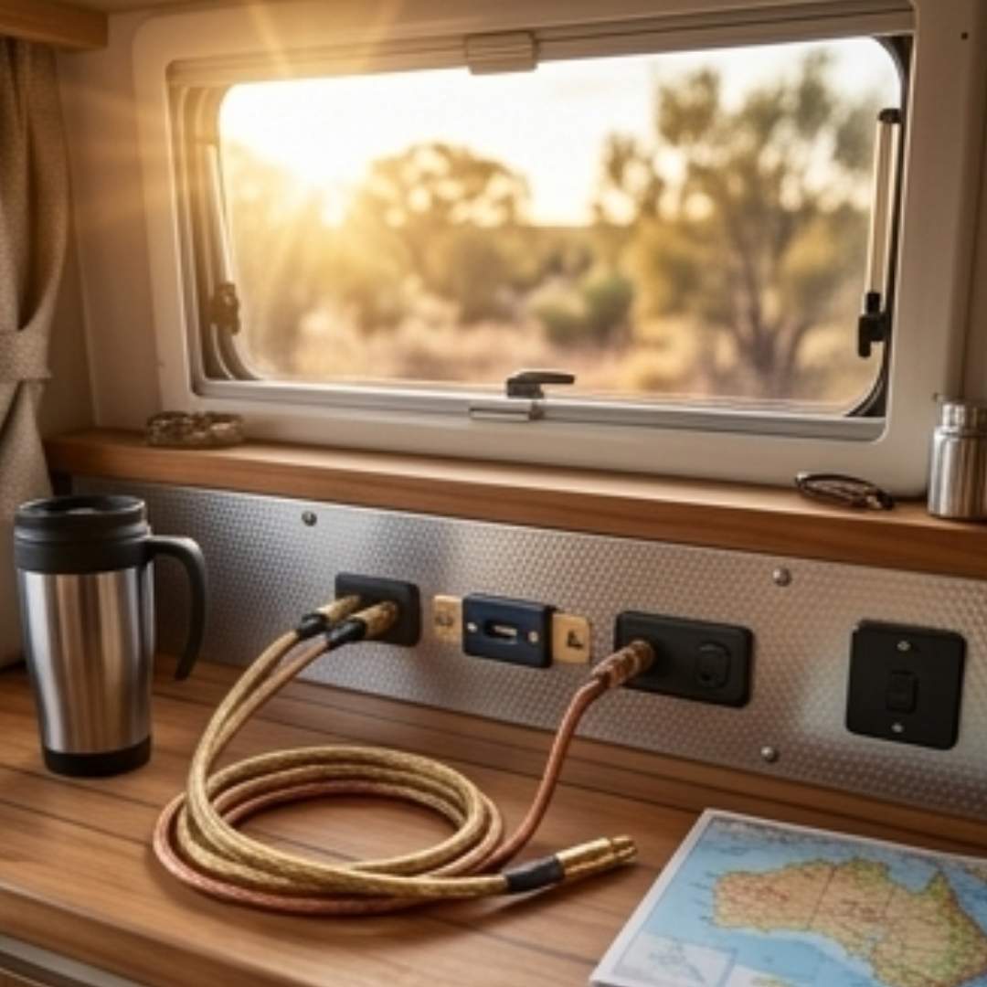 Interior of a vehicle with power outlets, a map, and a thermos near a window showing a scenic view.