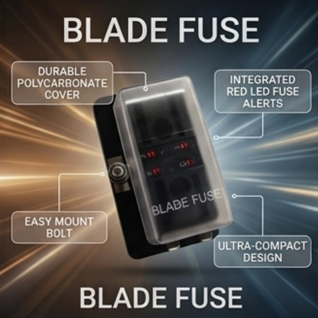 Blade fuse with features highlighted on a dynamic background