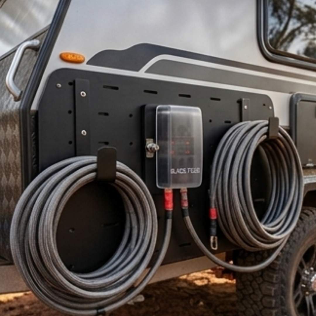 Cord organizer mounted on a vehicle with coiled cables