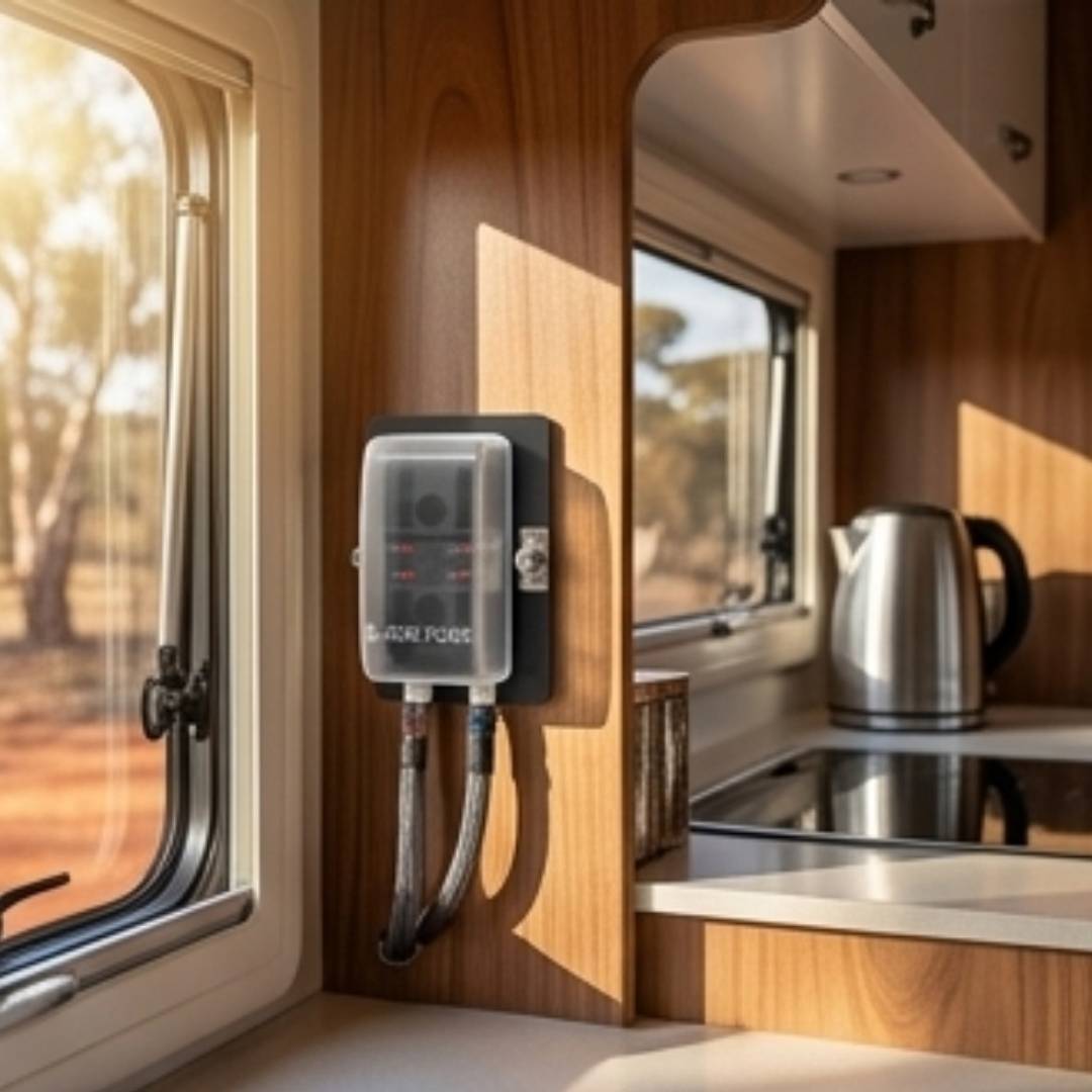 Power outlet on a wall inside an RV with a view of trees outside the window.
