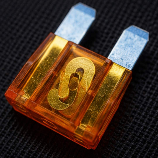 Car fuse with clear cover on a textured black background