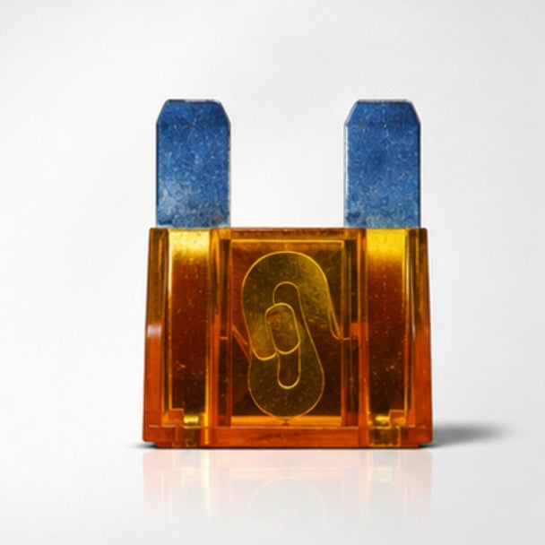 Transparent amber-colored block with blue rectangular blocks on a white background