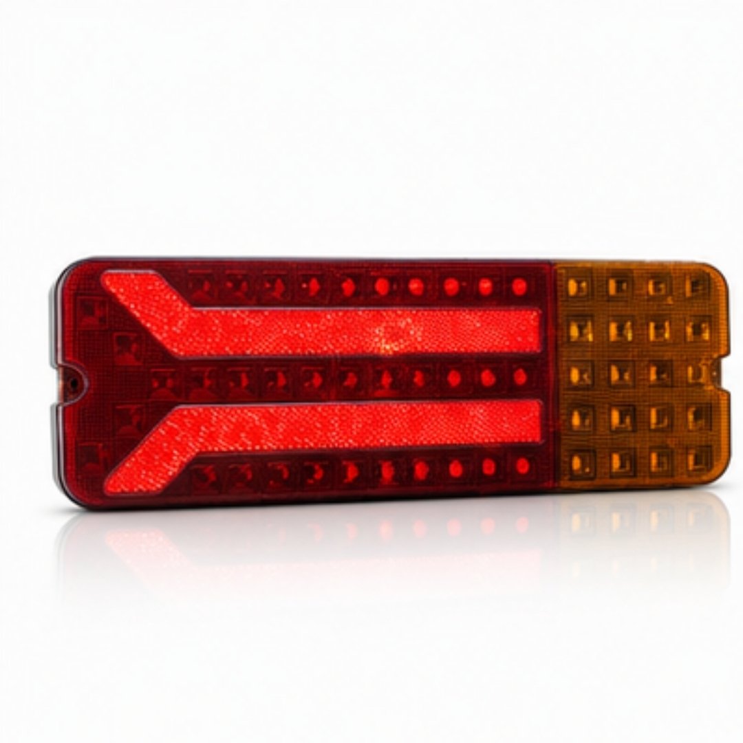 Red and amber LED trailer light on a white background