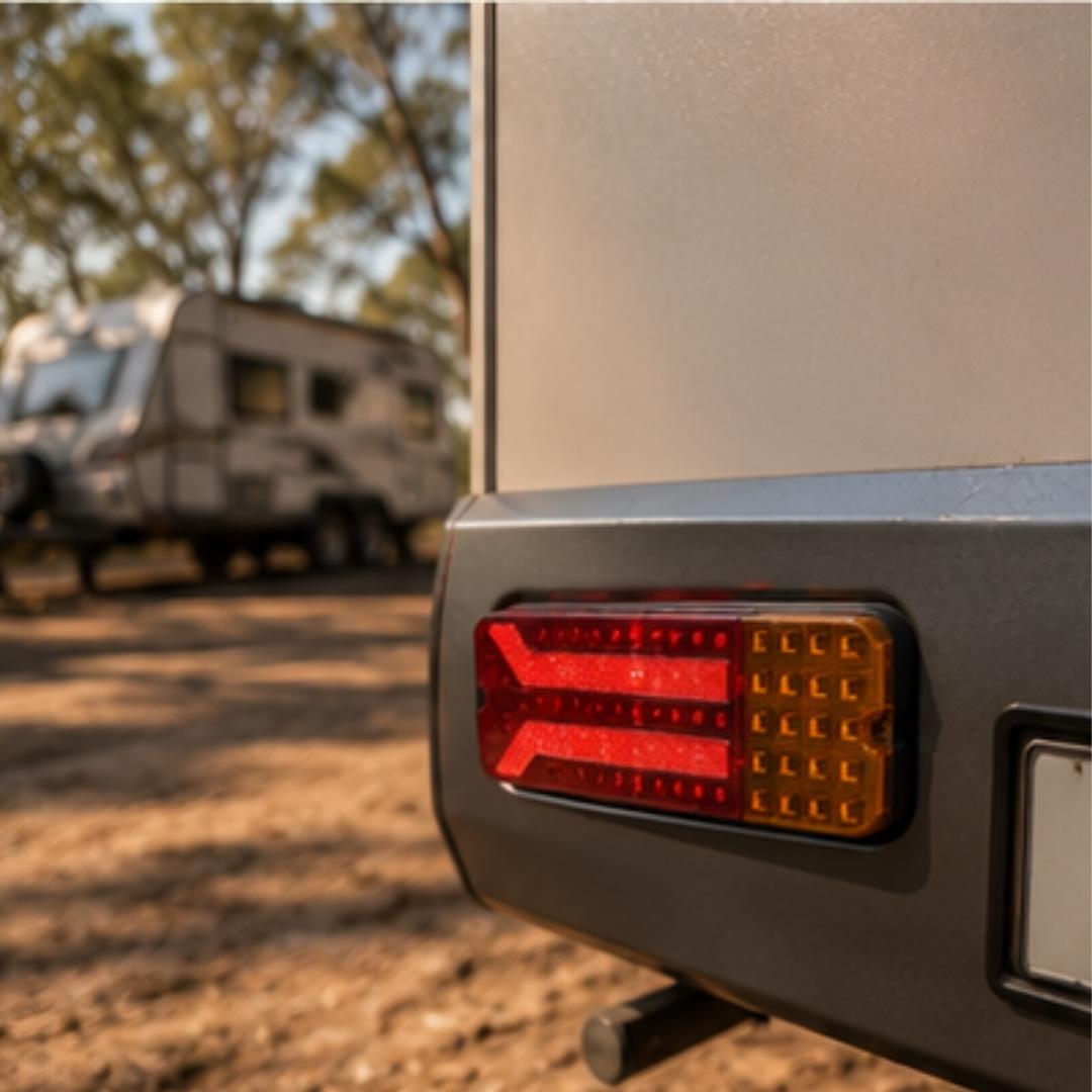 Close-up of a vehicle's tail light with blurred RVs in the background