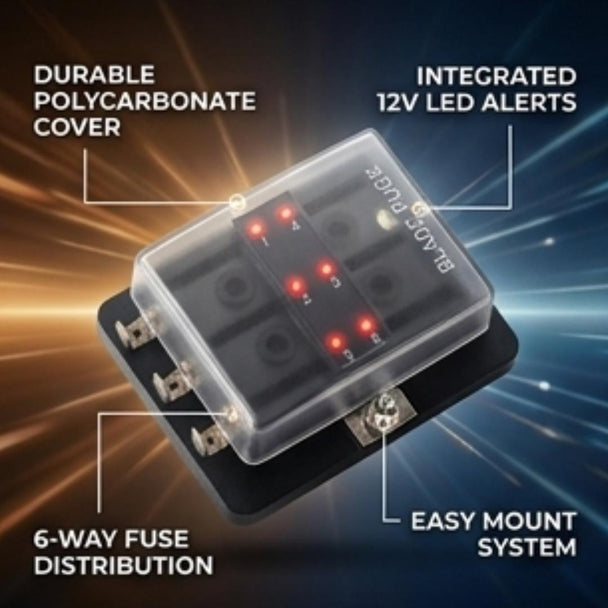 6-way fuse distributor with features highlighted on a dynamic background