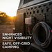 Back of a vehicle with camping equipment and text about enhanced night visibility and safe, off-grid camping.
