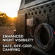 Back of a vehicle with camping equipment and text about enhanced night visibility and safe, off-grid camping.