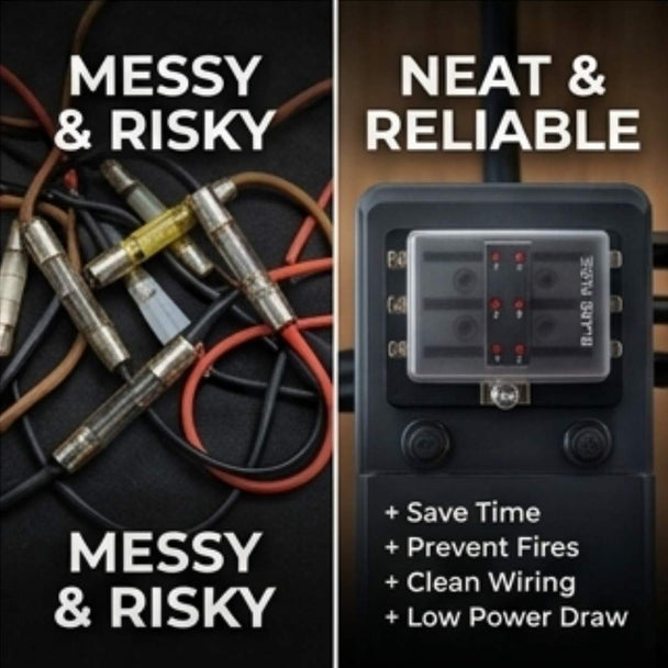 Comparison of messy, risky wiring setup versus neat, reliable fuse block with text benefits.