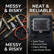 Comparison of messy, risky wiring setup versus neat, reliable fuse block with text benefits.