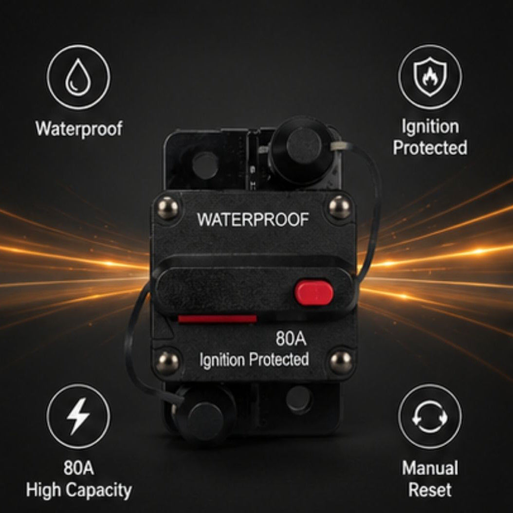 Black electrical breaker with features highlighted on a dark background
