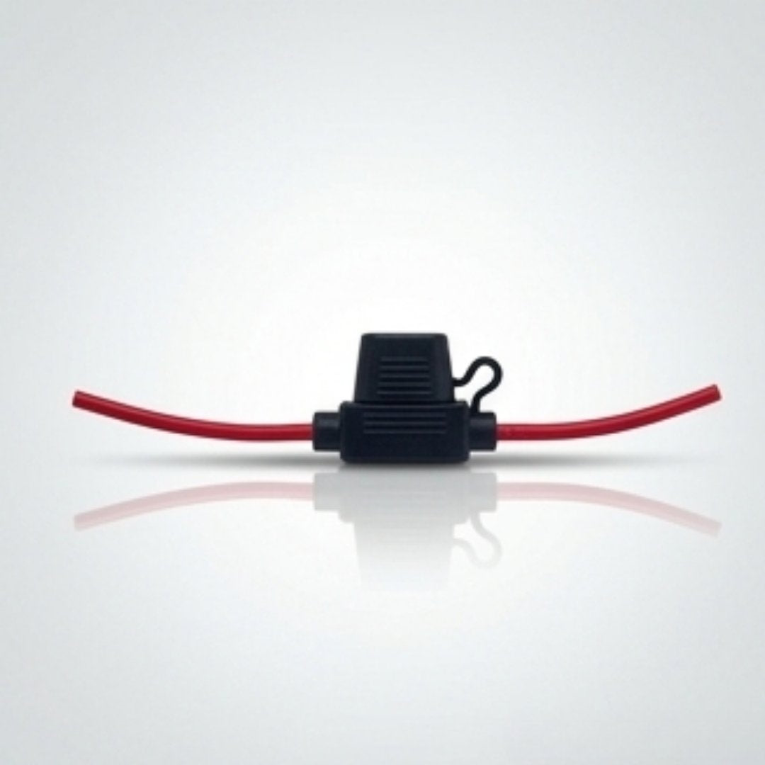 Black electrical connector with red wire on a white background