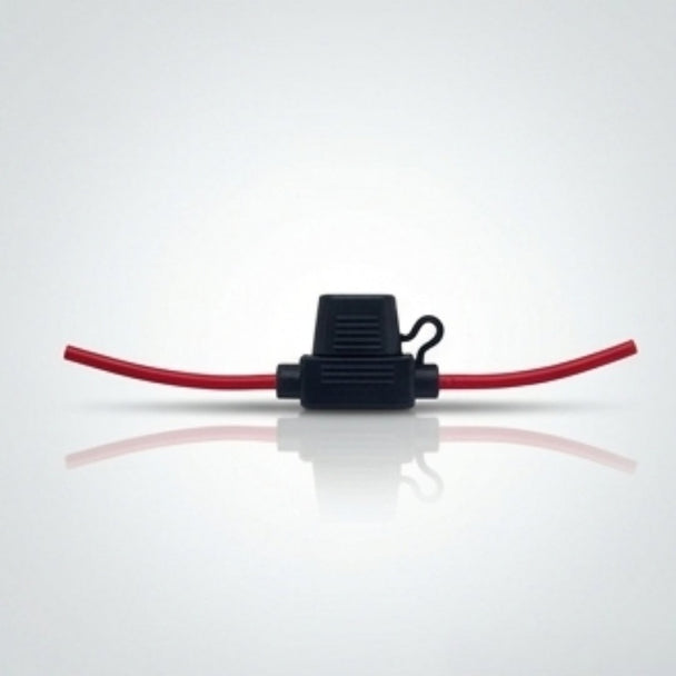 Black electrical connector with red wire on a white background