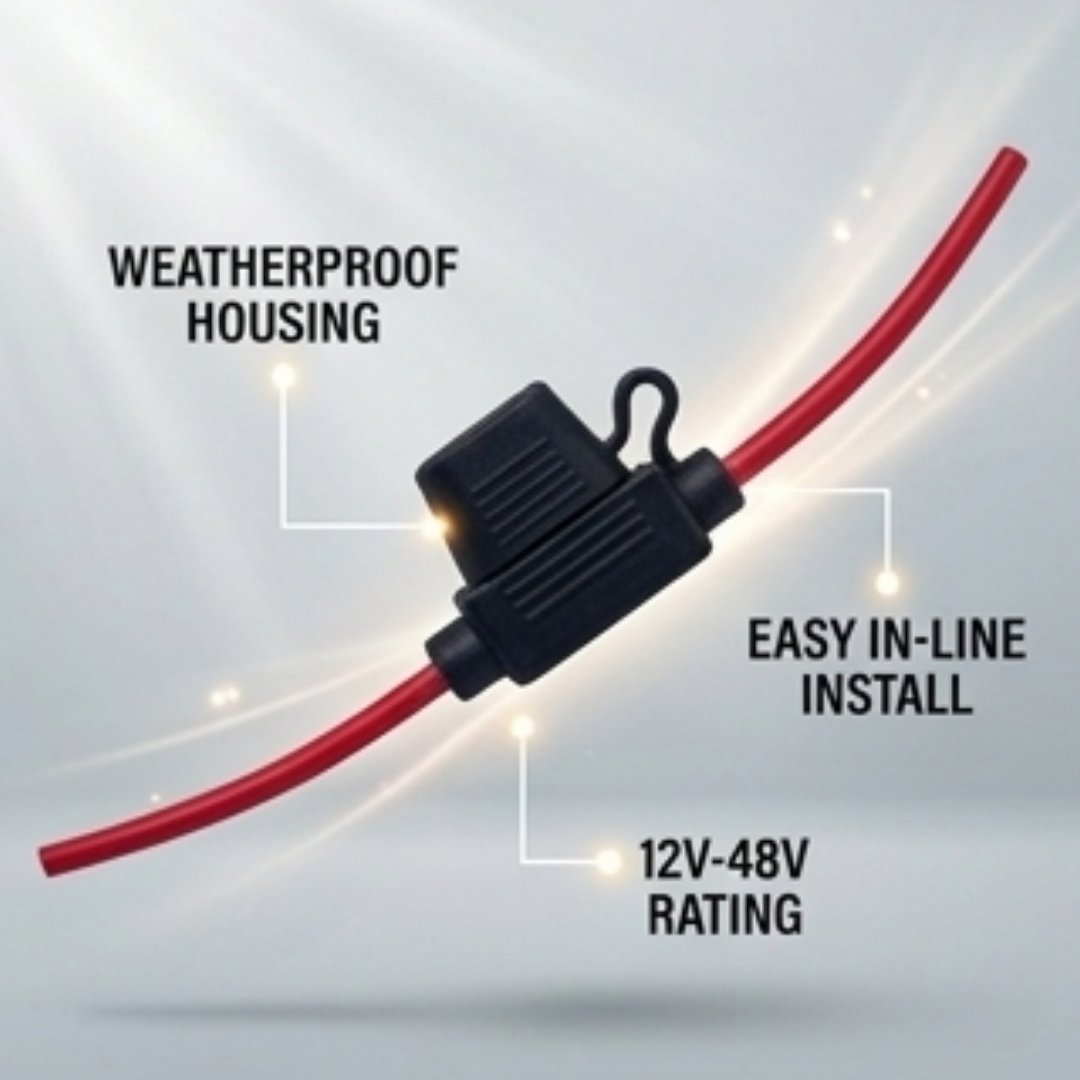 Weatherproof housing with red and black wires on a light gray background