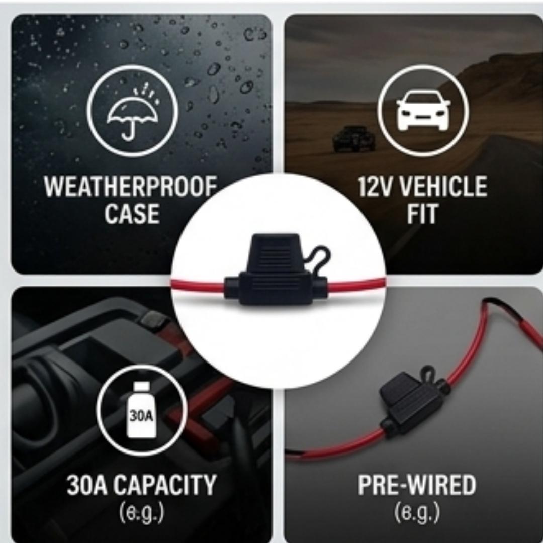 Product features including weatherproof case, 12V vehicle fit, 30A capacity, and pre-wired design.