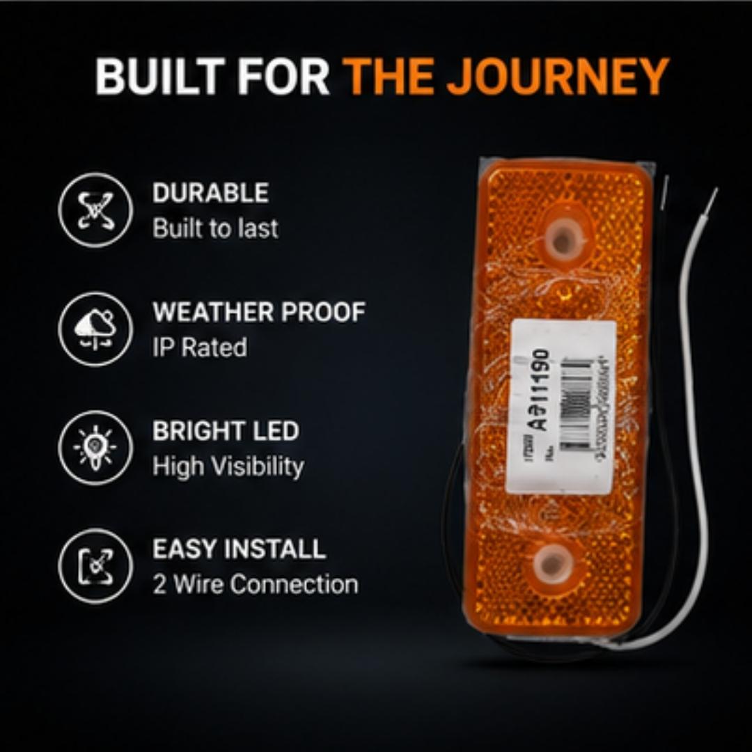 Orange LED light with durability, weatherproof, brightness, and installation features on a black background