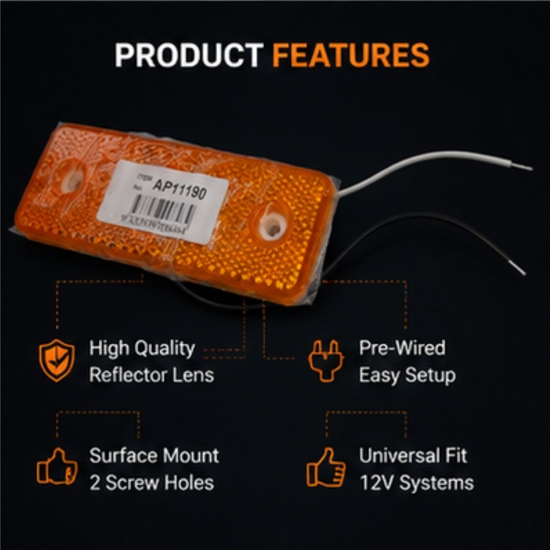 Orange reflector lens with product features on a black background