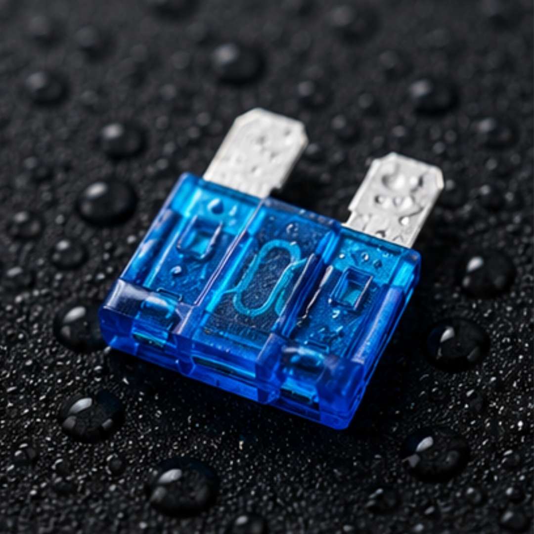 Blue automotive fuse on a wet black surface