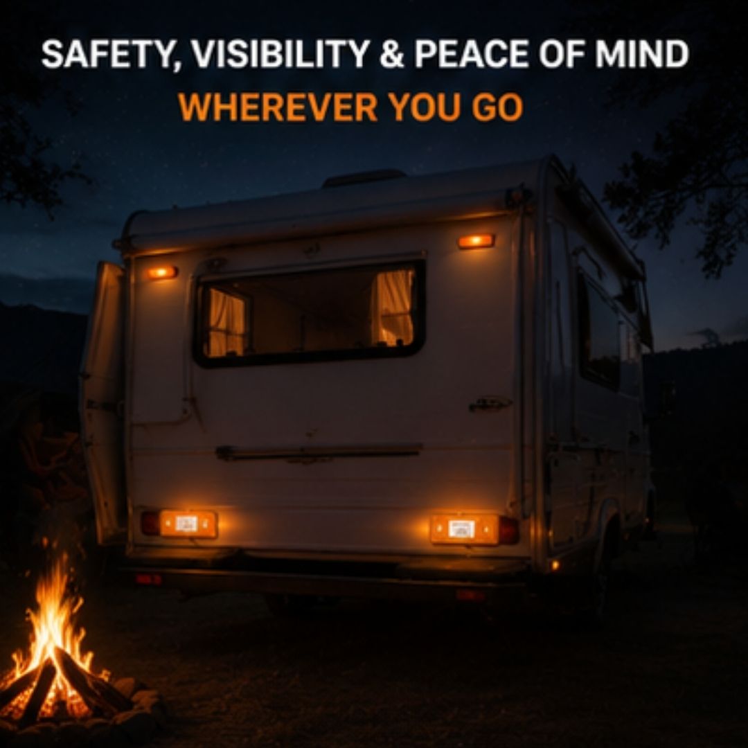 Camper van with lights on at night near a campfire, with text about safety, visibility, and peace of mind.