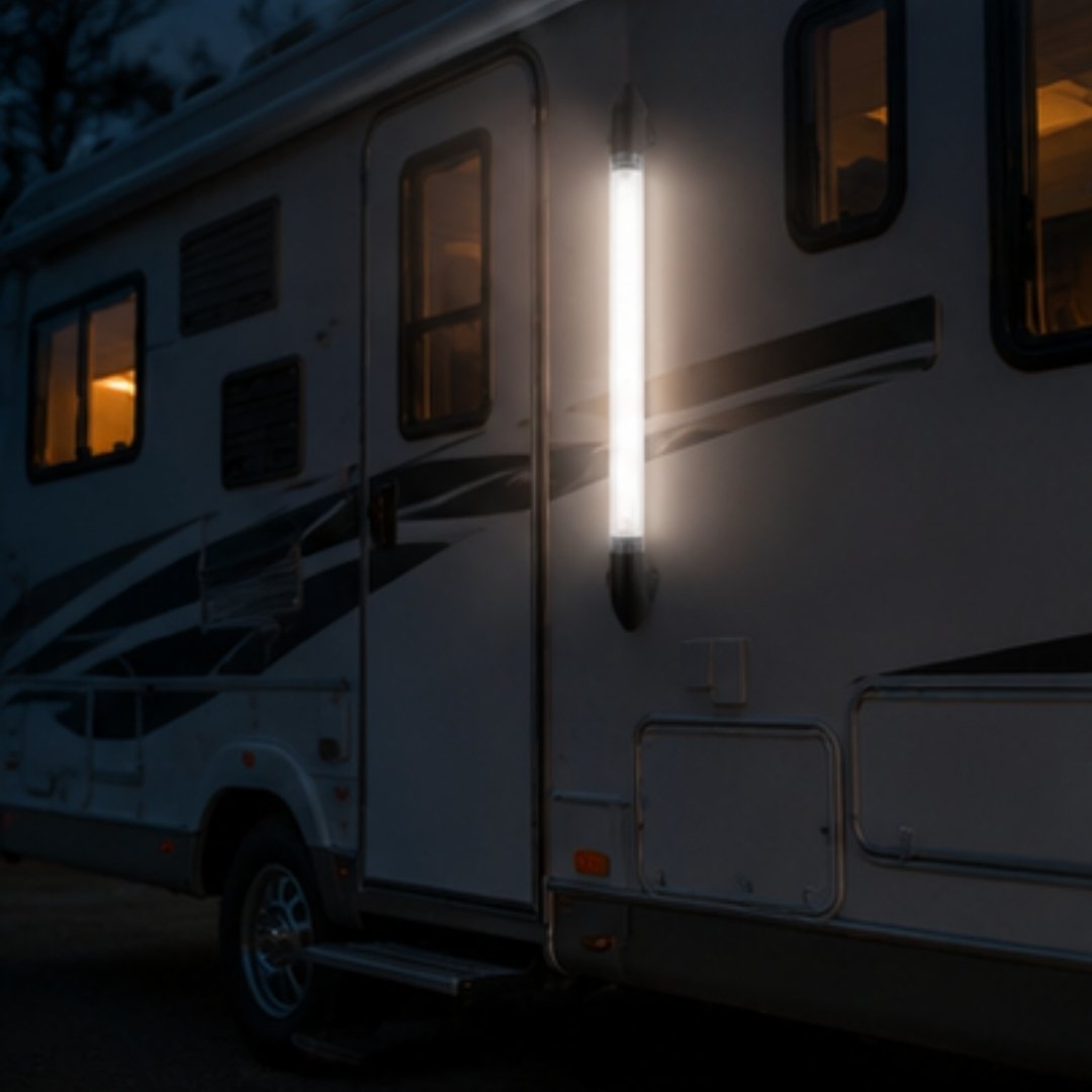 Lighted RV exterior with a prominent light fixture in the dark.
