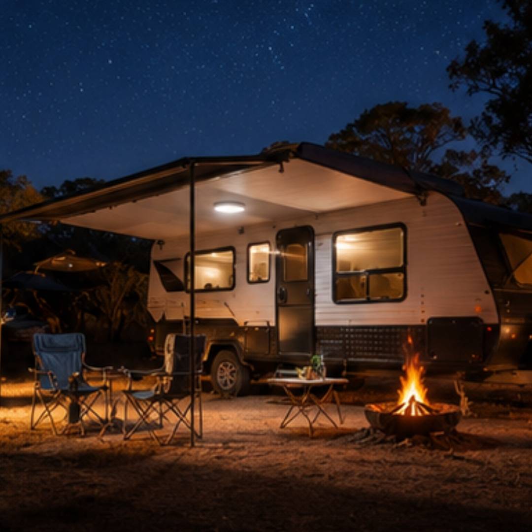 Camping scene with an RV, chairs, and a fire pit under a starry sky.