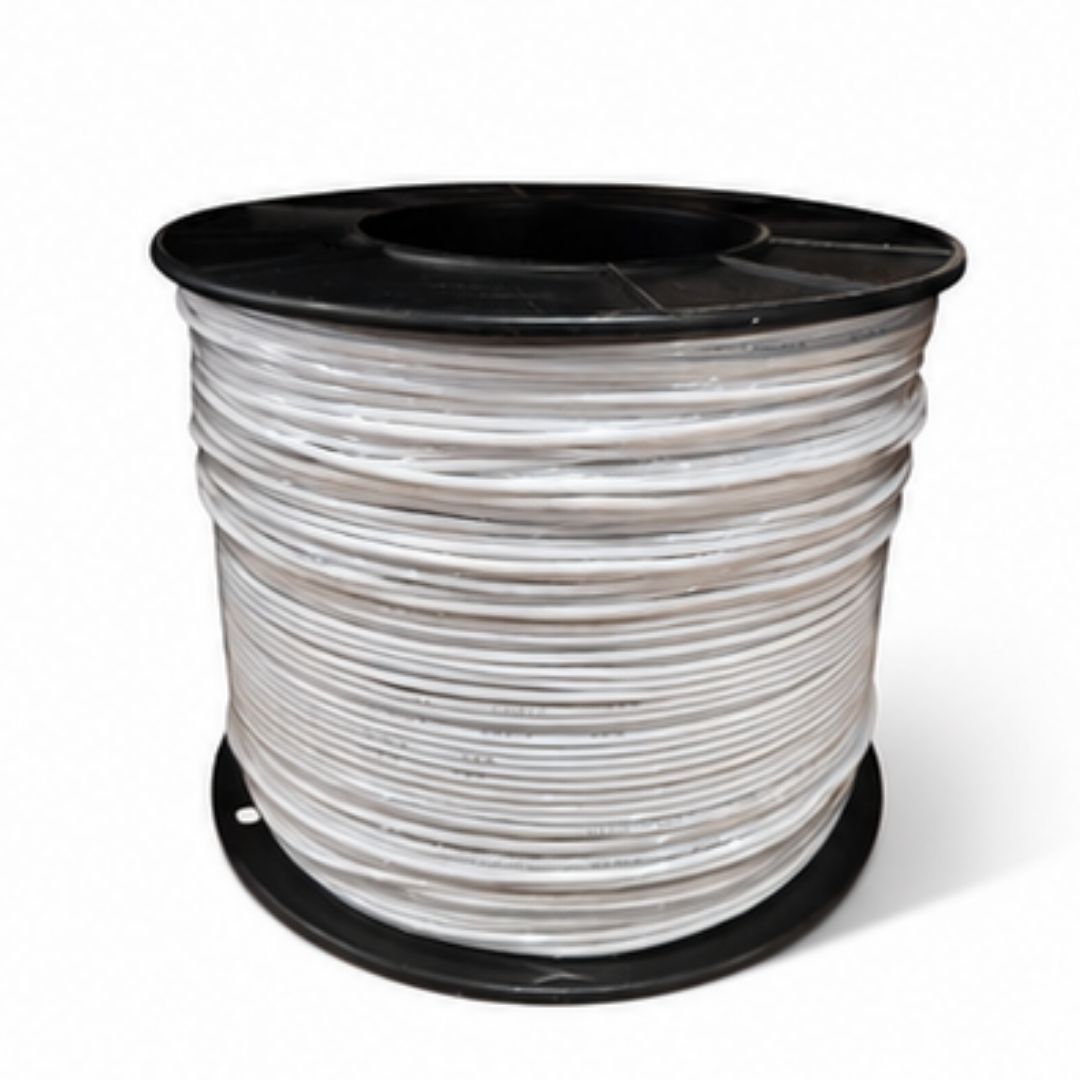 Spool of white cable on a black reel against a white background