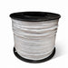 Spool of white cable on a black reel against a white background