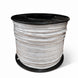 Spool of white cable on a black reel against a white background