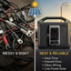 Comparison of messy wiring with a power station labeled 'Neat & Reliable' on a sunny background.