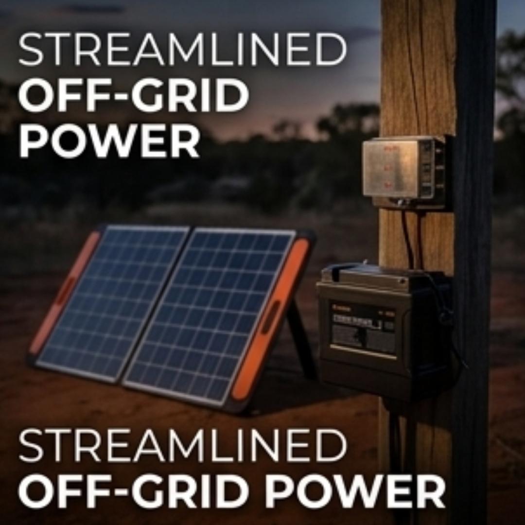Solar panel and battery with 'Streamlined Off-Grid Power' text in a desert setting