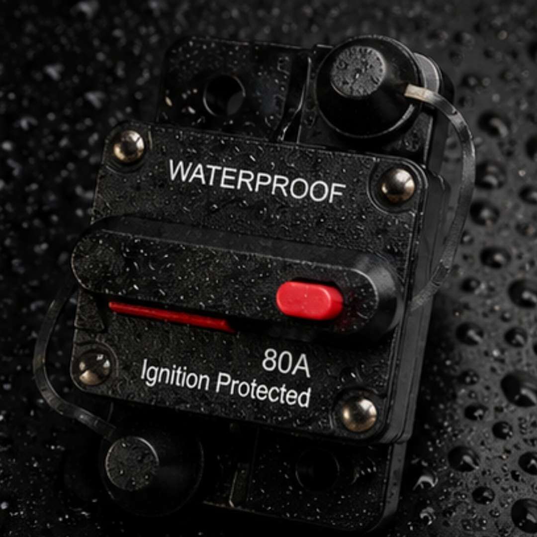 Black circuit breaker with 'Waterproof' and '80A Ignition Protected' text on a wet surface.