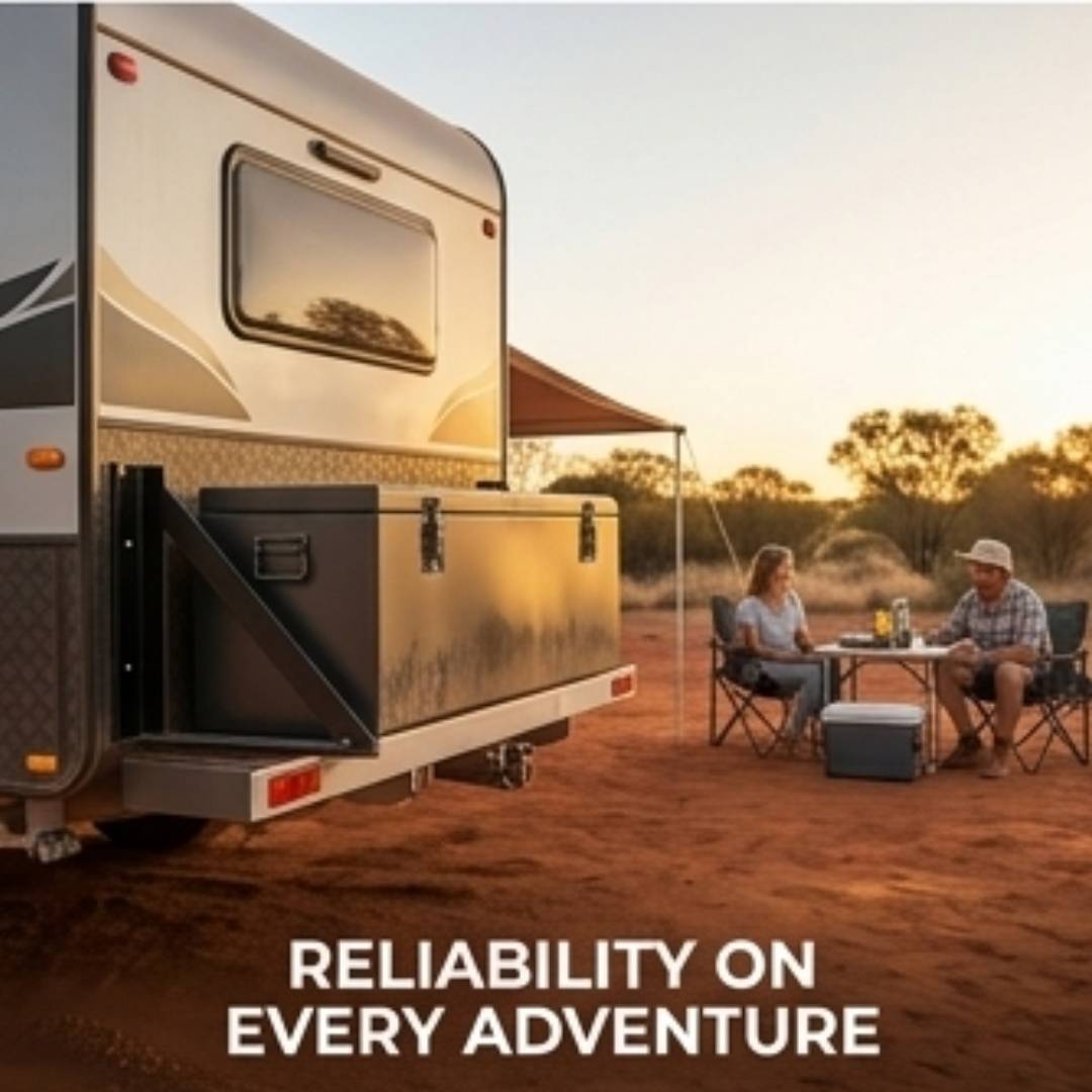 Two people sitting at a table outside an RV in a desert landscape with 'Reliability on Every Adventure' text.