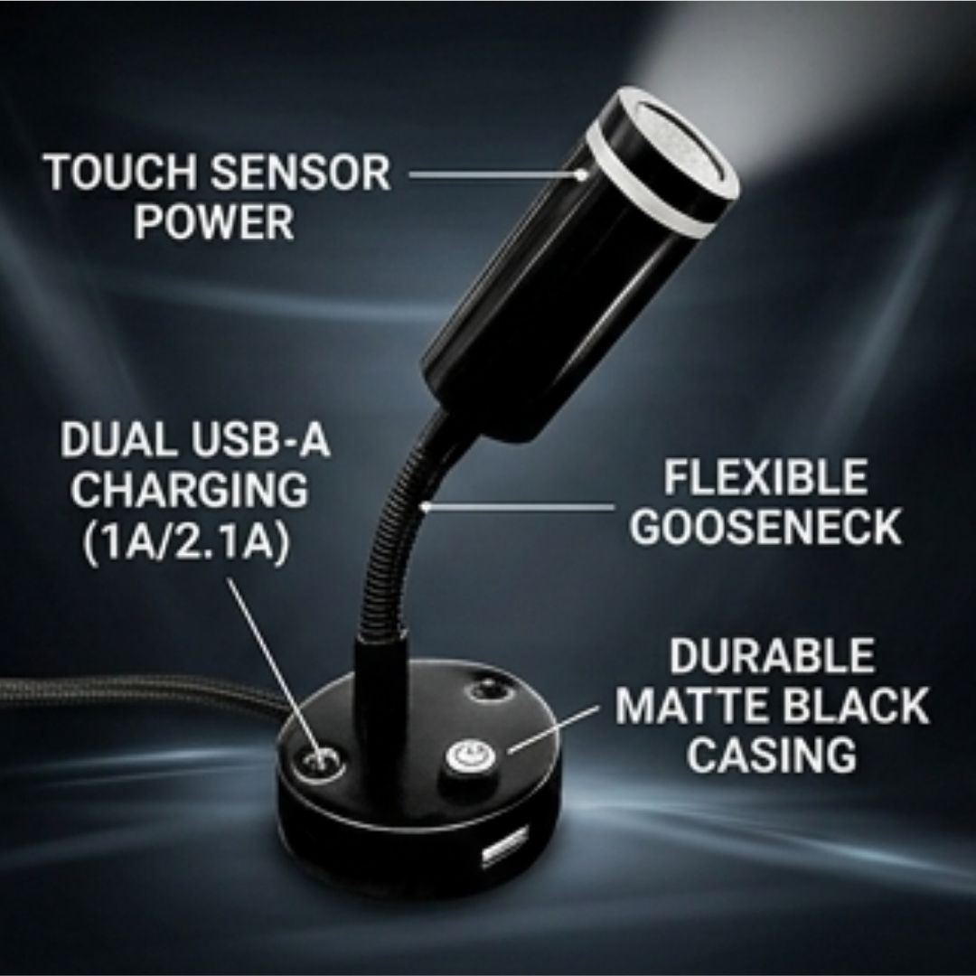 Blue Flexible Reading Light with USB Charger Black with specifications