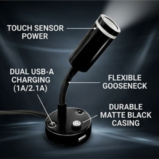 Blue Flexible Reading Light with USB Charger Black with specifications