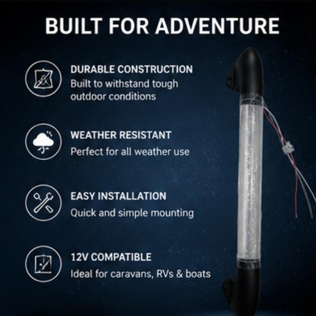 Lighting device with features listed on a dark blue background