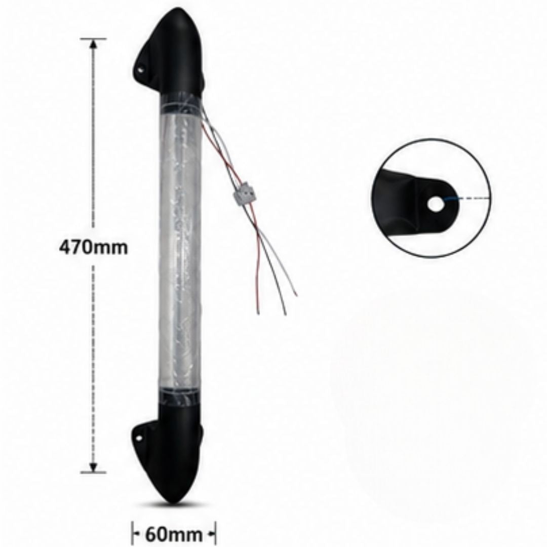 Black and clear inflatable Bubble Handle Light  with measurements on a white background