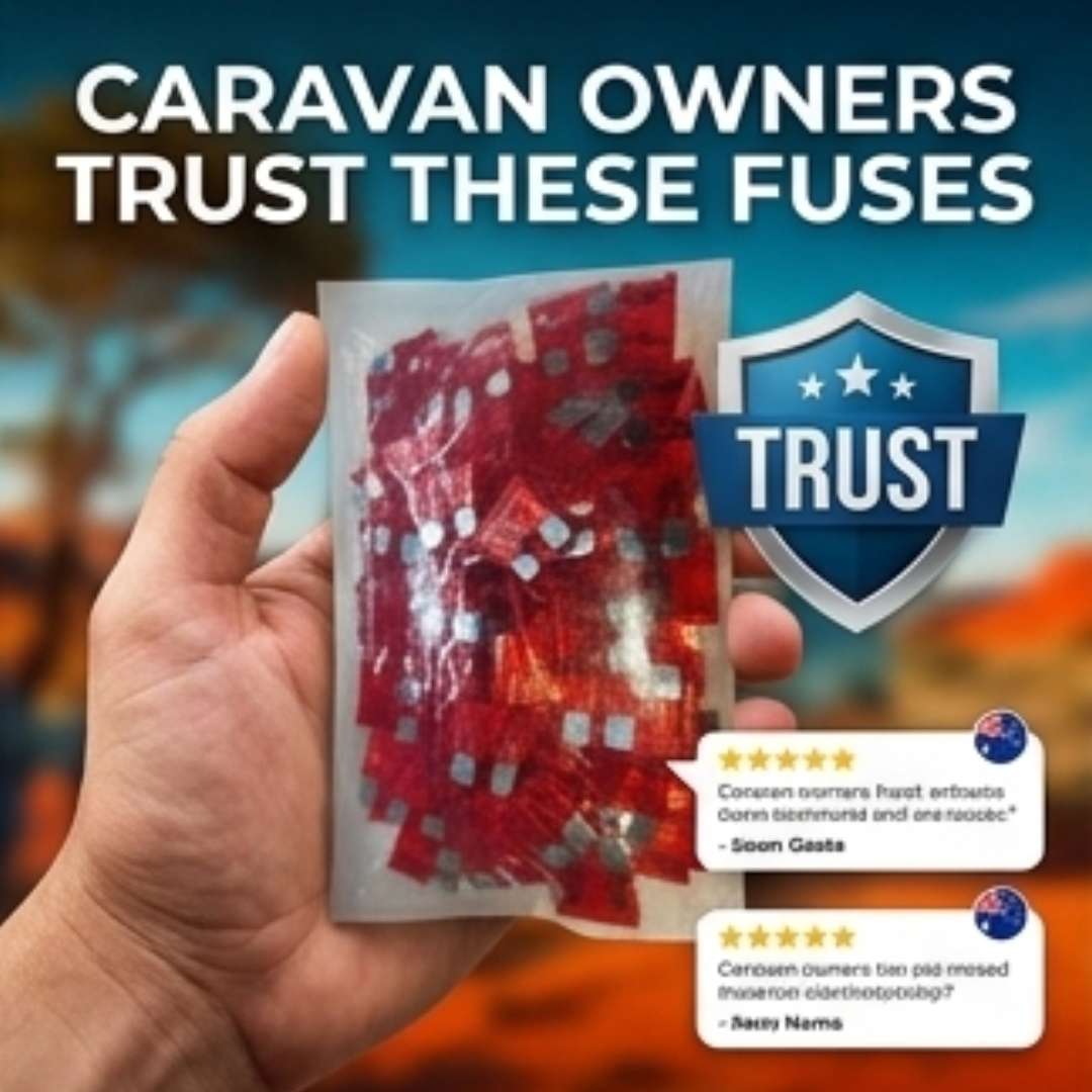 Hand holding a package of fuses with a 'Trust' badge and reviews on a blurred caravan background.