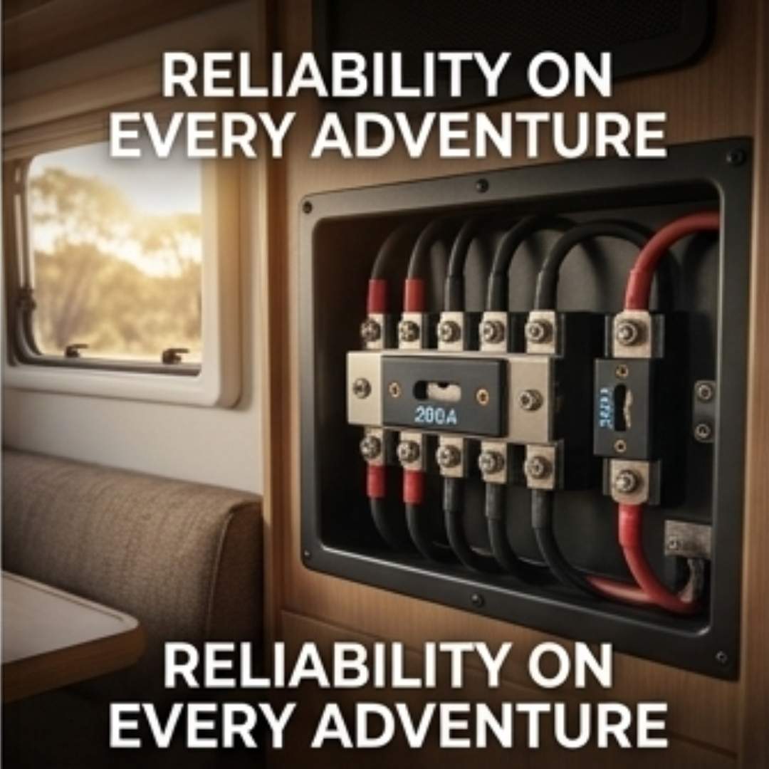 Electrical panel with wiring inside a vehicle, featuring text 'Reliability on Every Adventure'.