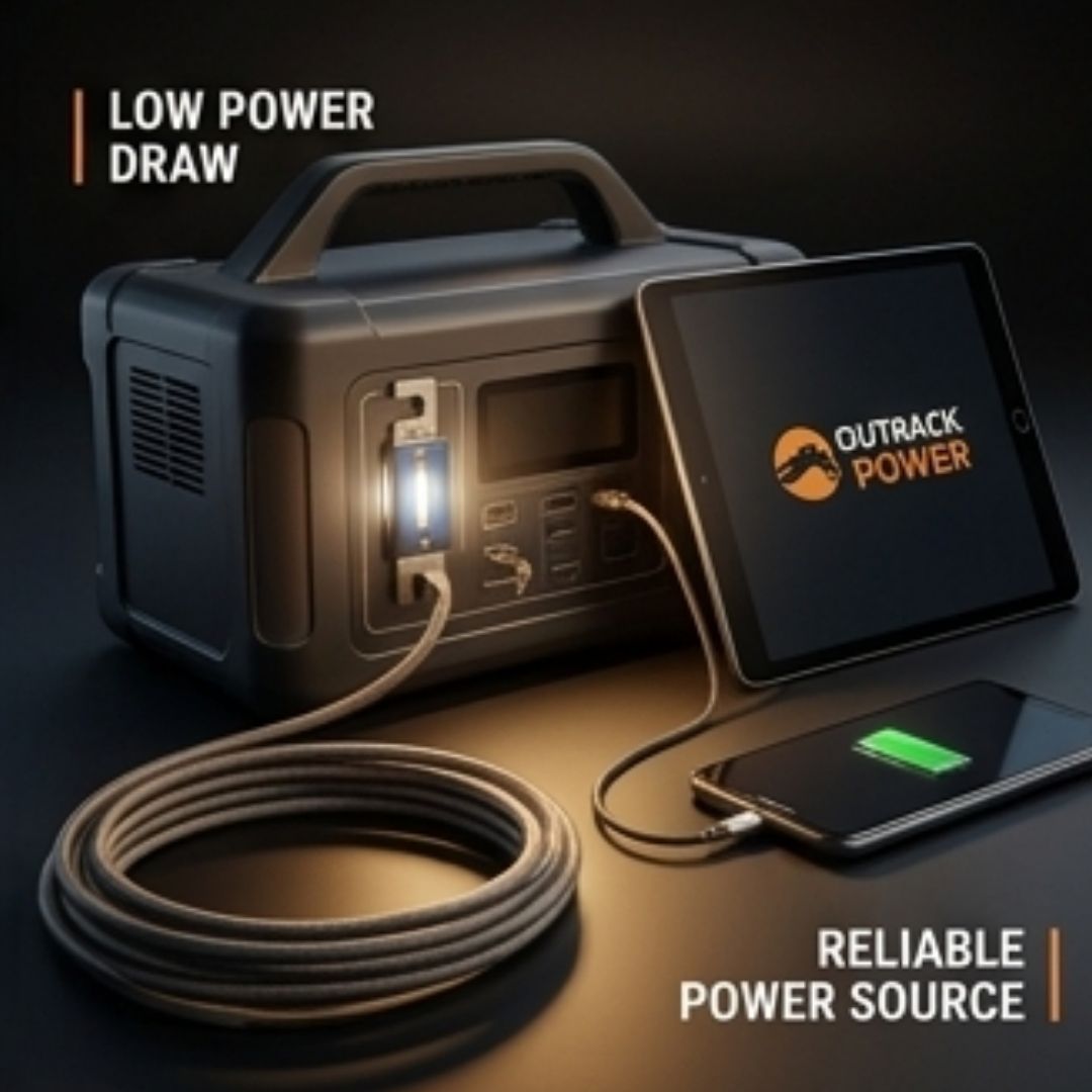 Portable power station with tablet and smartphone, featuring Outrak Power branding.
