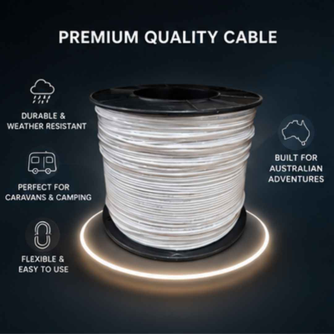 Spool of premium quality cable with features highlighted on a dark background