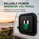 Power outlet on a caravan with scenic background and text about reliable power for outdoor adventures.