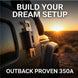 Jeep with sunset in the background and text 'Build Your Dream Setup Outback Proven 350A'.