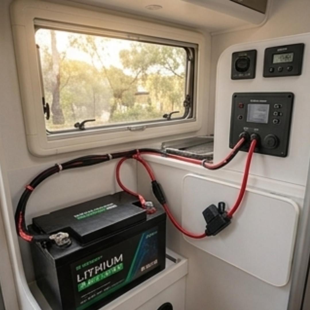 Lithium battery connected to a power panel inside a vehicle with a window showing trees outside.