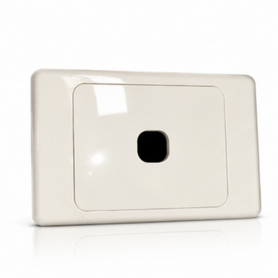 Beige rectangular wall plate with a central black square on a white background